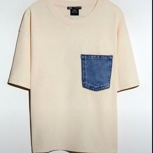 Zara Mickey Mouse Crop Tee With Denim Front Pocket